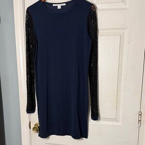 Diane Von Furstenberg Navy Dress with Black Lace Sleeves